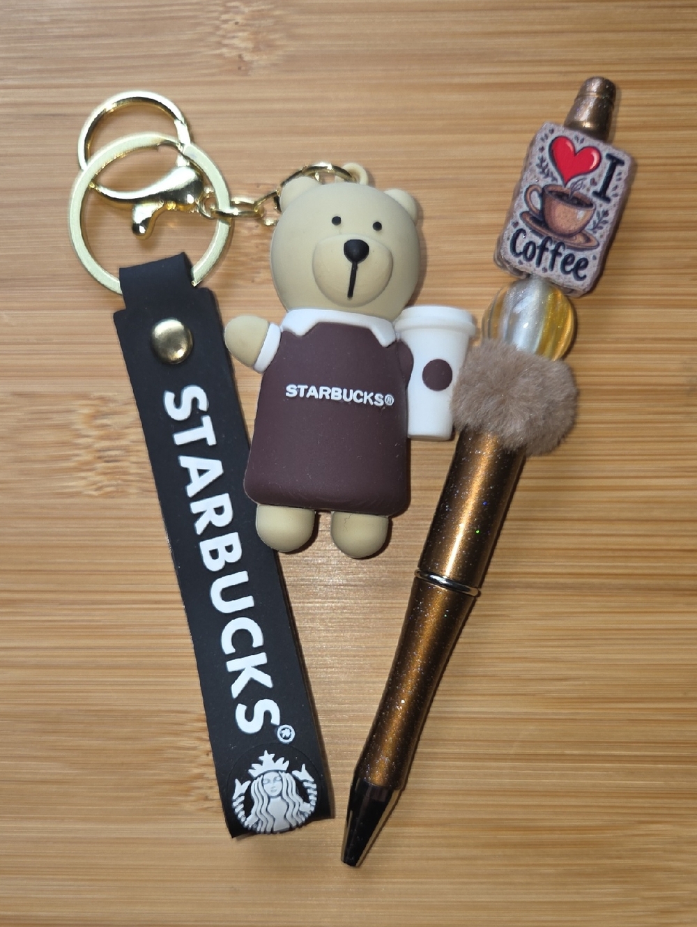 Starbucks Bear Keychain with I Iove Coffee Brown Bead Charm Pen